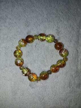 Glass Bead Stretch Bracelet Green & Amber - Handmade Jewelry